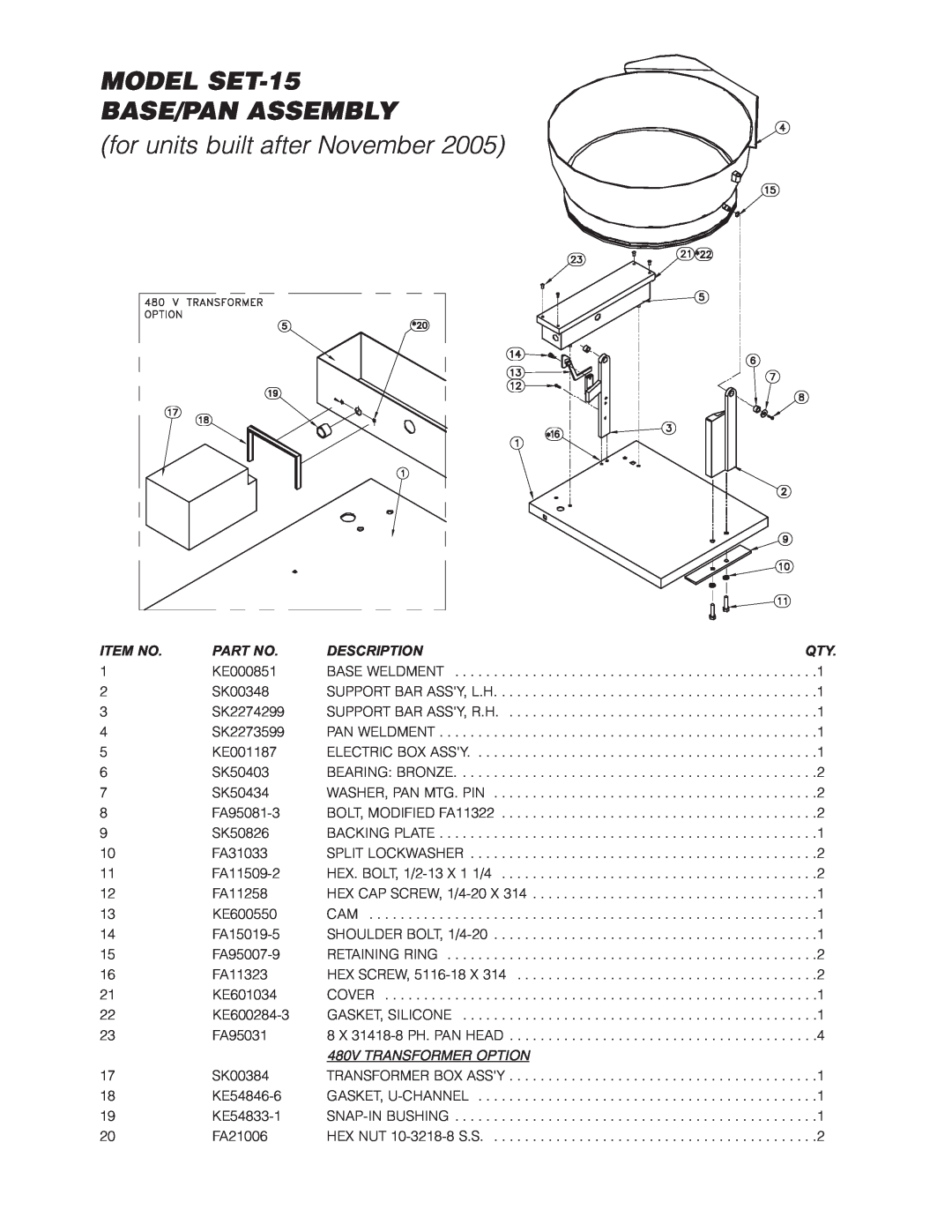Cleveland Range SET-10 manual MODEL SET-15 BASE/PAN ASSEMBLY, for units built after November, Item No, Description 