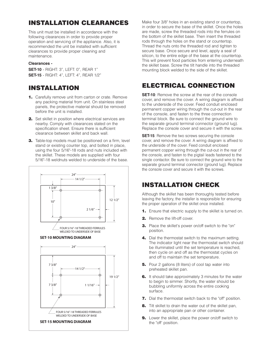 Cleveland Range SET-15 Installation Clearances, Electrical Connection, Installation Check, SET-10 MOUNTING DIAGRAM 