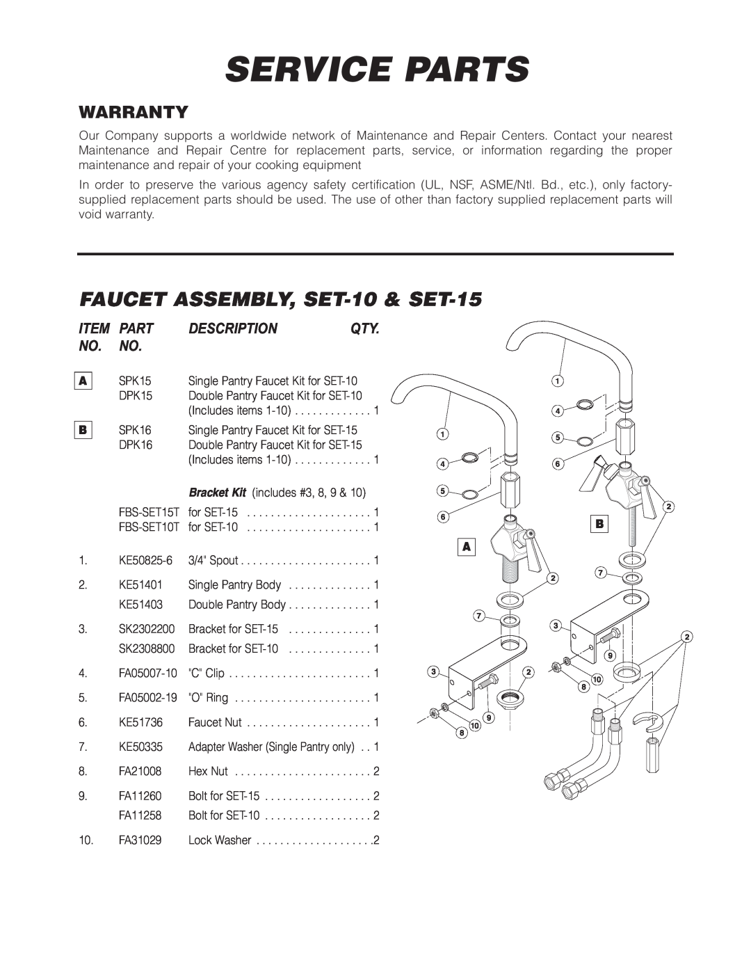 Cleveland Range manual Service Parts, FAUCET ASSEMBLY,SET-10 & SET-15, Warranty, Item Part Description Qty No. No 