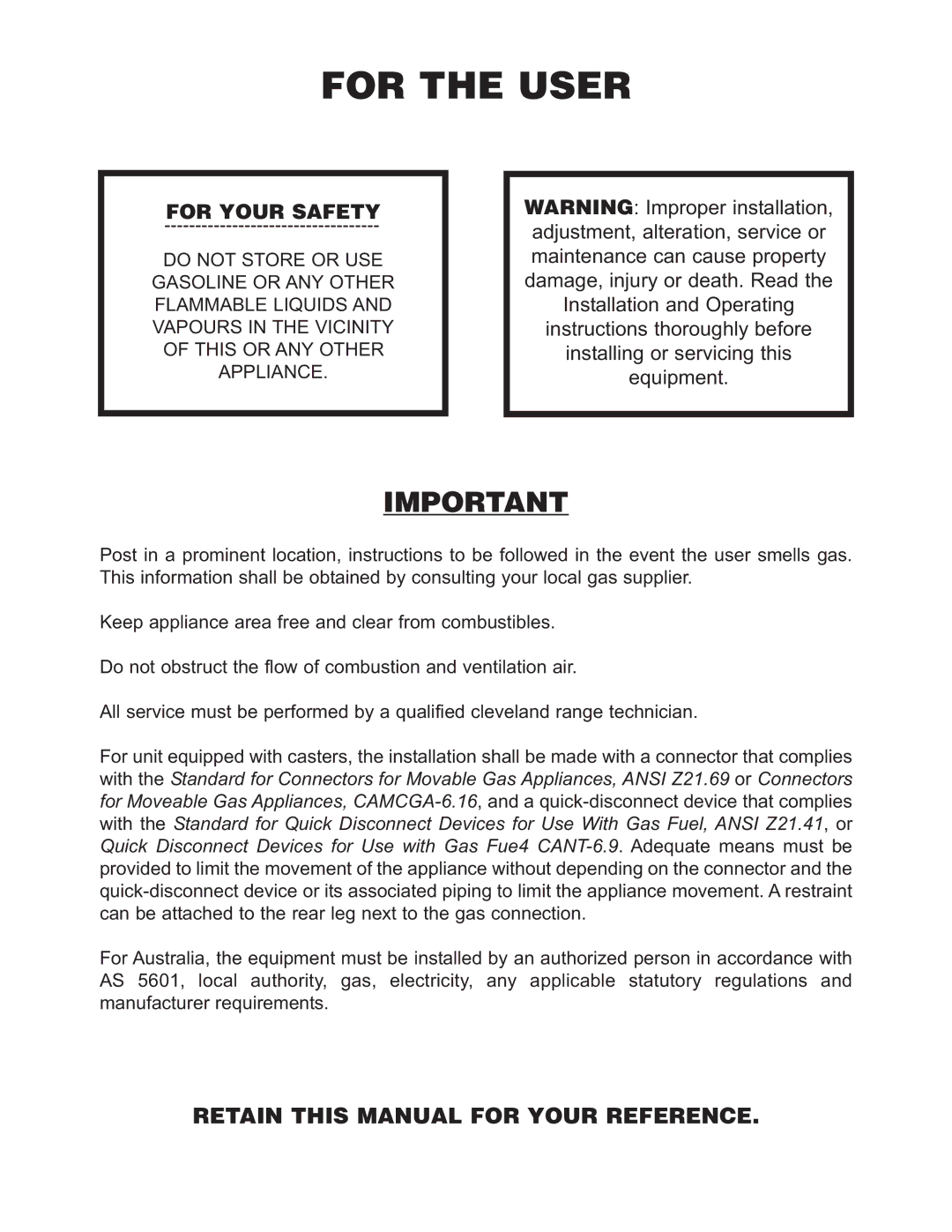 Cleveland Range SGM-30-TR, SGL-30-TR, SGL-40-TR, SGM-40-TR manual For the User, Retain this Manual for Your Reference 