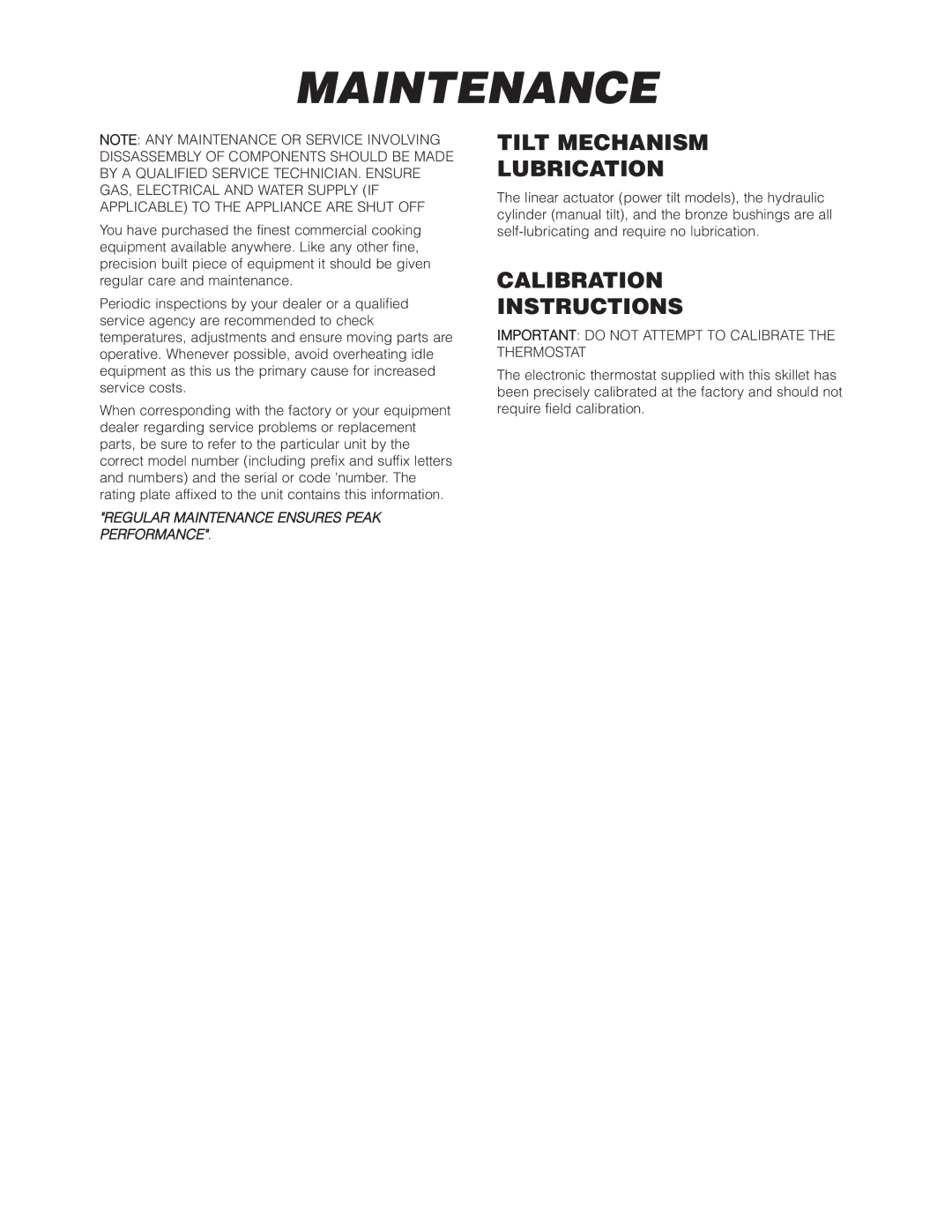 Cleveland Range SGM-30-TR, SGL-30-TR, SGL-40-TR, SGM-40-TR Maintenance, Tilt Mechanism Lubrication, Calibration Instructions 