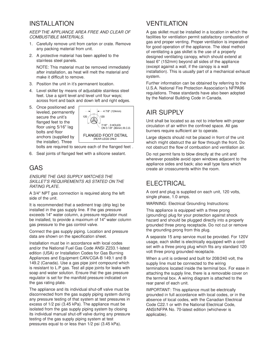 Cleveland Range SGL-40-TR, SGL-30-TR, SGM-30-TR, SGM-40-TR manual Installation, Gas, AIR Supply, Electrical 