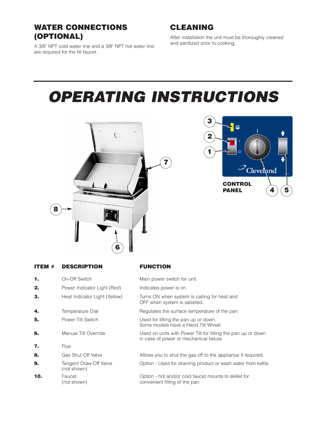 Cleveland Range SGM-30-TR, SGL-30-TR, SGL-40-TR, SGM-40-TR manual Operating Instructions, Water Connections Optional, Cleaning 