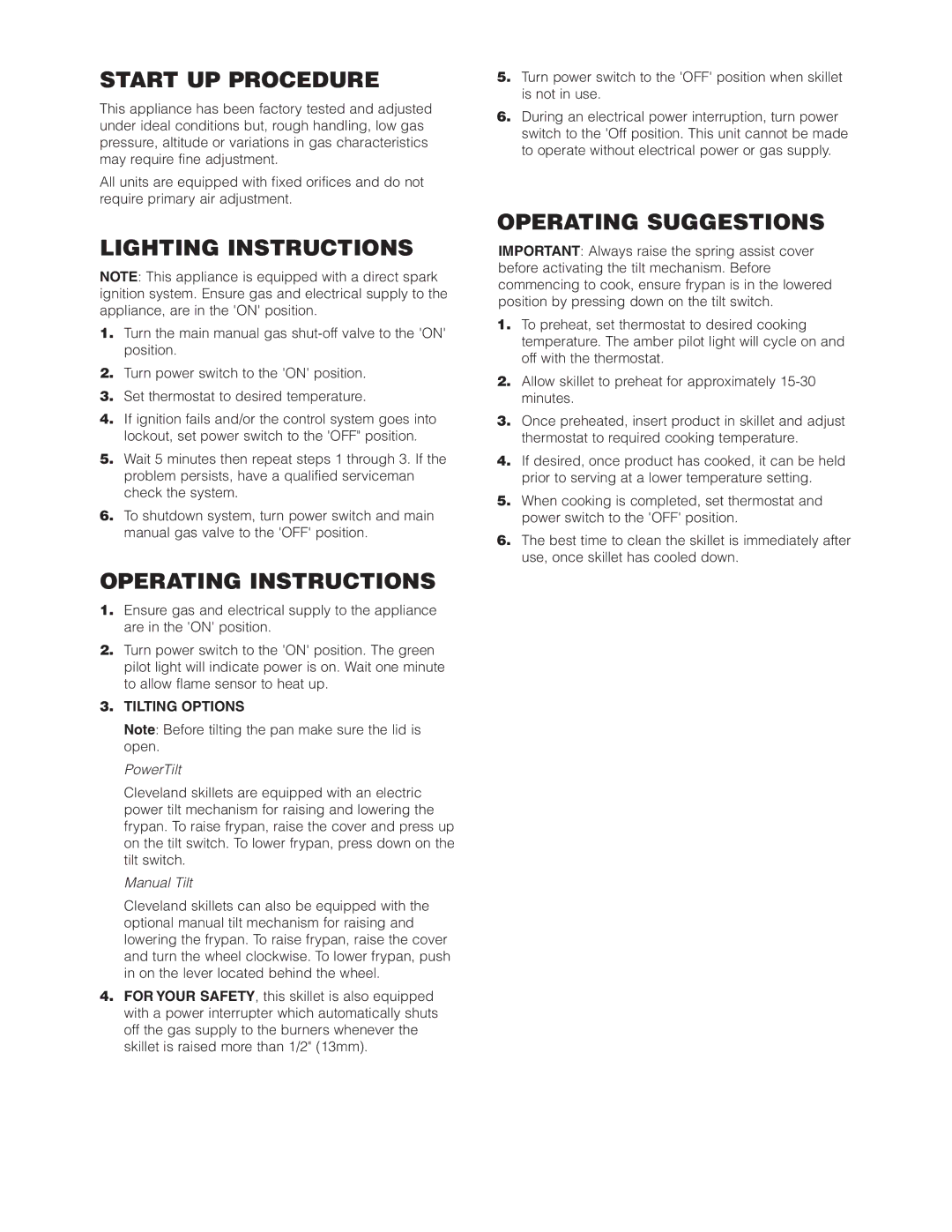 Cleveland Range SGM-40-TR manual Start UP Procedure, Lighting Instructions, Operating Instructions, Operating Suggestions 