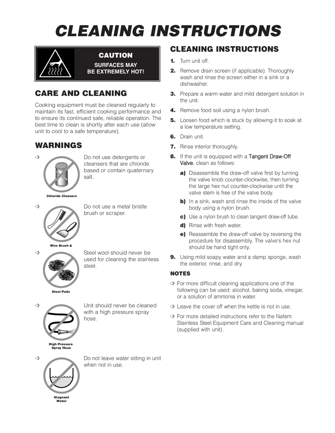 Cleveland Range SGL-30-TR, SGL-40-TR, SGM-30-TR, SGM-40-TR manual Cleaning Instructions, Care and Cleaning 