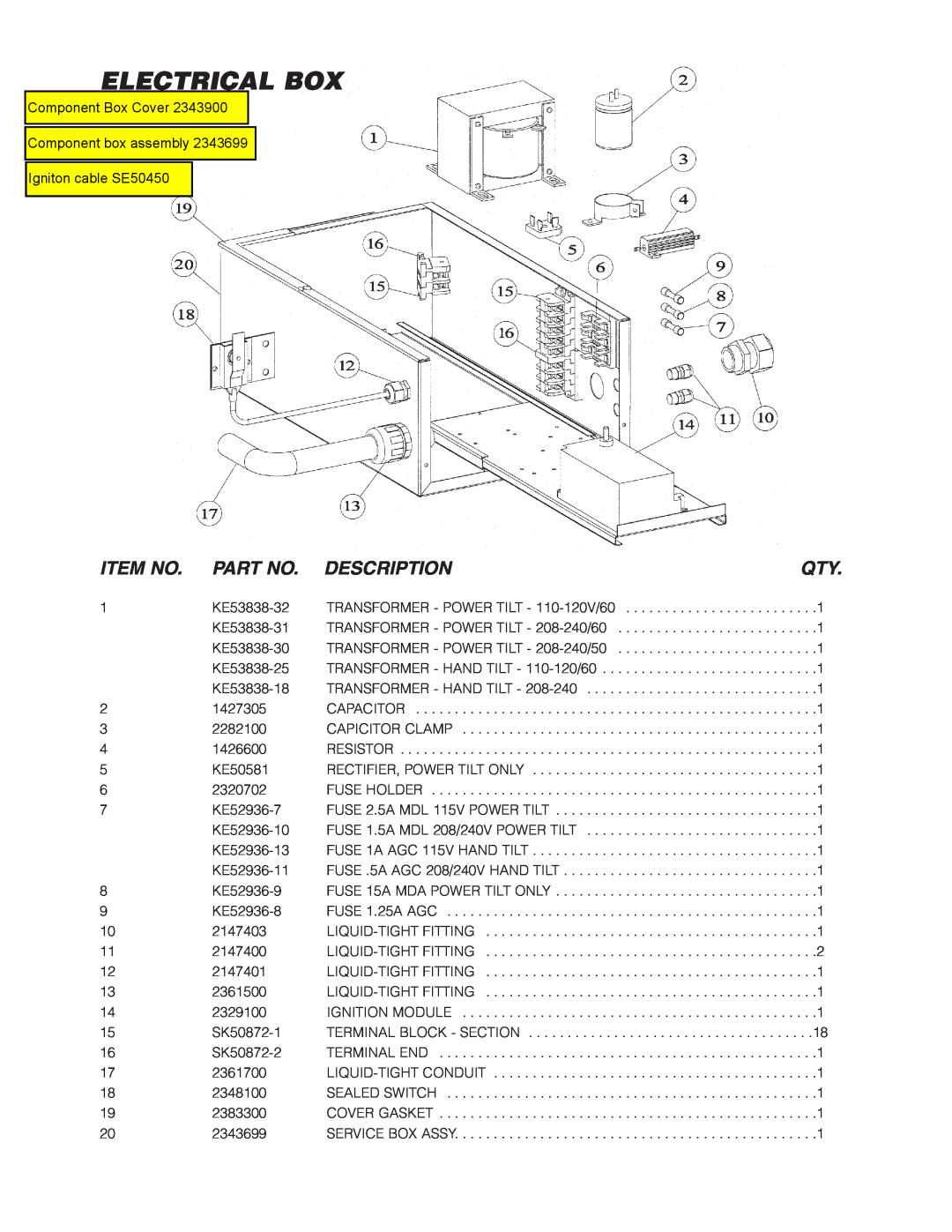 Cleveland Range SGL-40-TR, SGL-30-TR manual Electrical Box, Item No, Description, Component Box Cover Component box assembly 