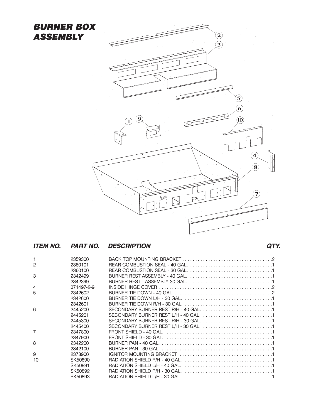 Cleveland Range SGL-30-TR, SGL-40-TR, SGM-30-TR, SGM-40-TR manual Burner Box Assembly, Item No, Description 