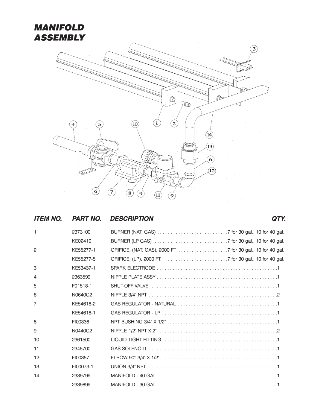 Cleveland Range SGL-40-TR, SGL-30-TR, SGM-30-TR, SGM-40-TR manual Manifold Assembly, Item No, Description 