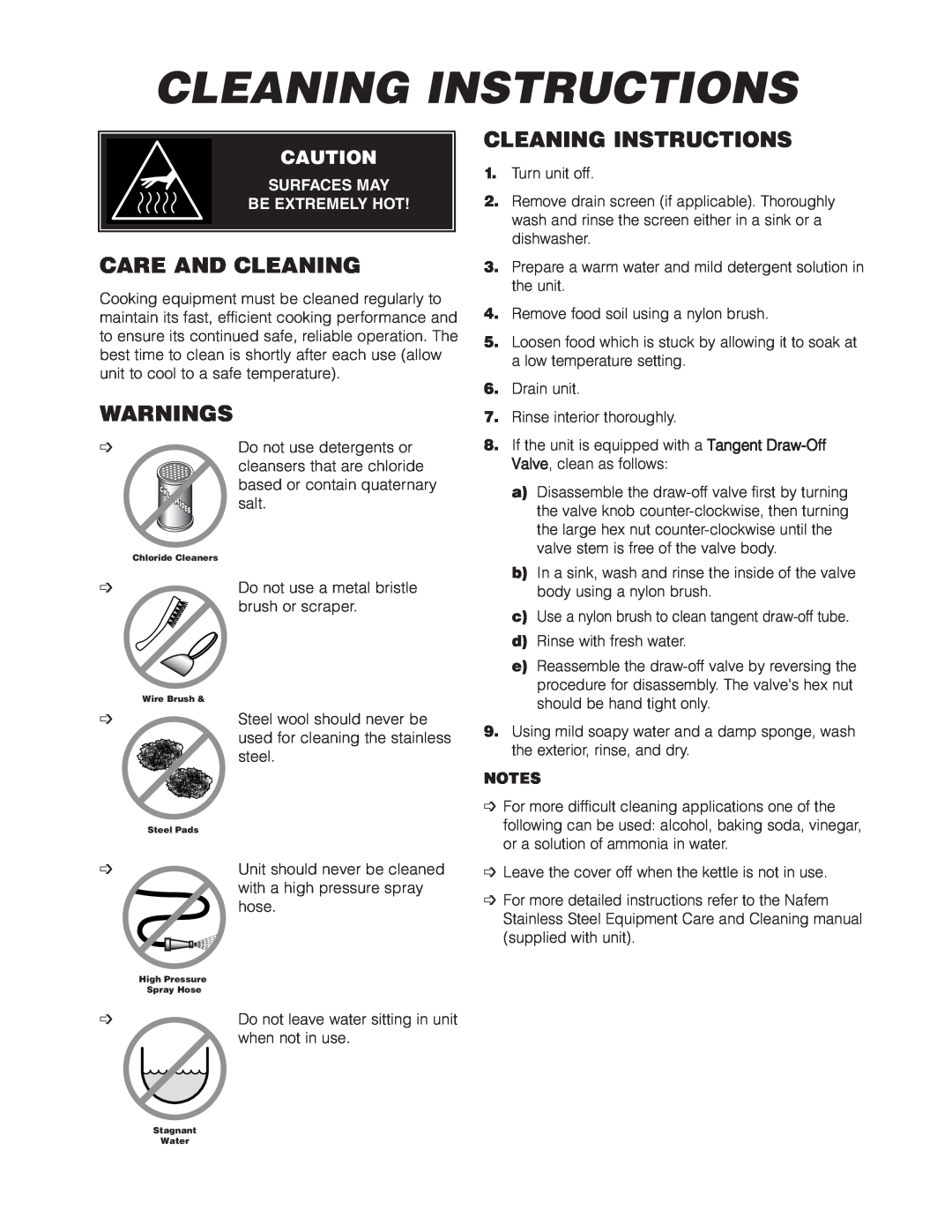 Cleveland Range SGL-30-TR, SGL-40-TR Cleaning Instructions, Care And Cleaning, Warnings, Surfaces May Be Extremely Hot 