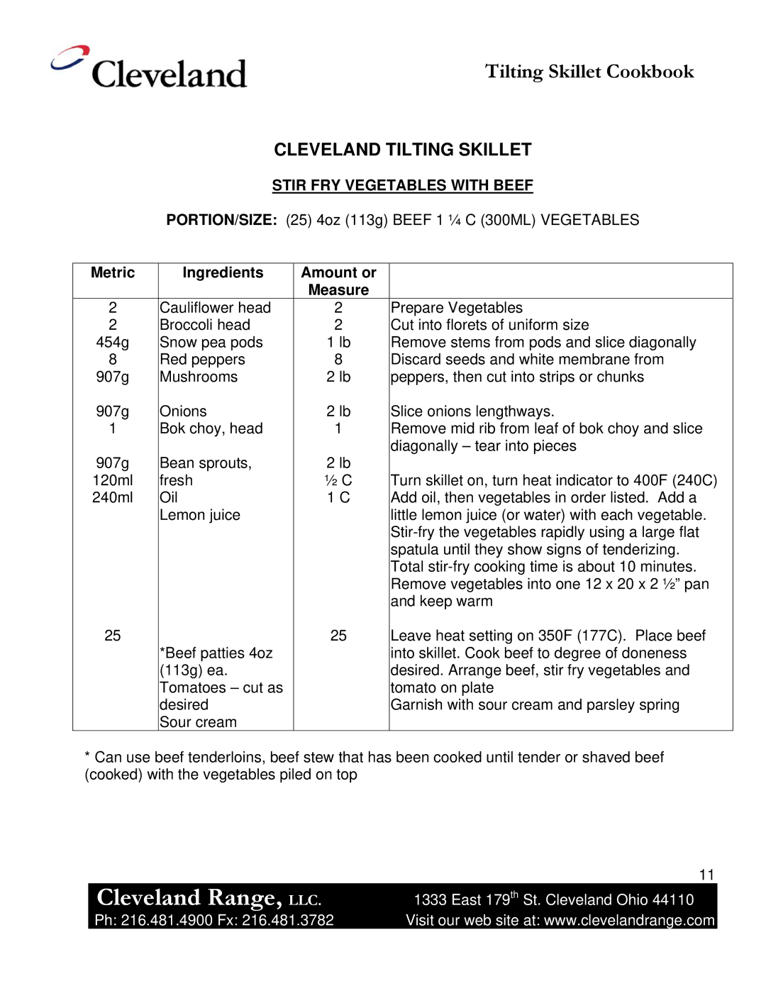 Cleveland Range Skillet/Braising manual Stir FRY Vegetables with Beef, Metric Ingredients Amount or Measure 