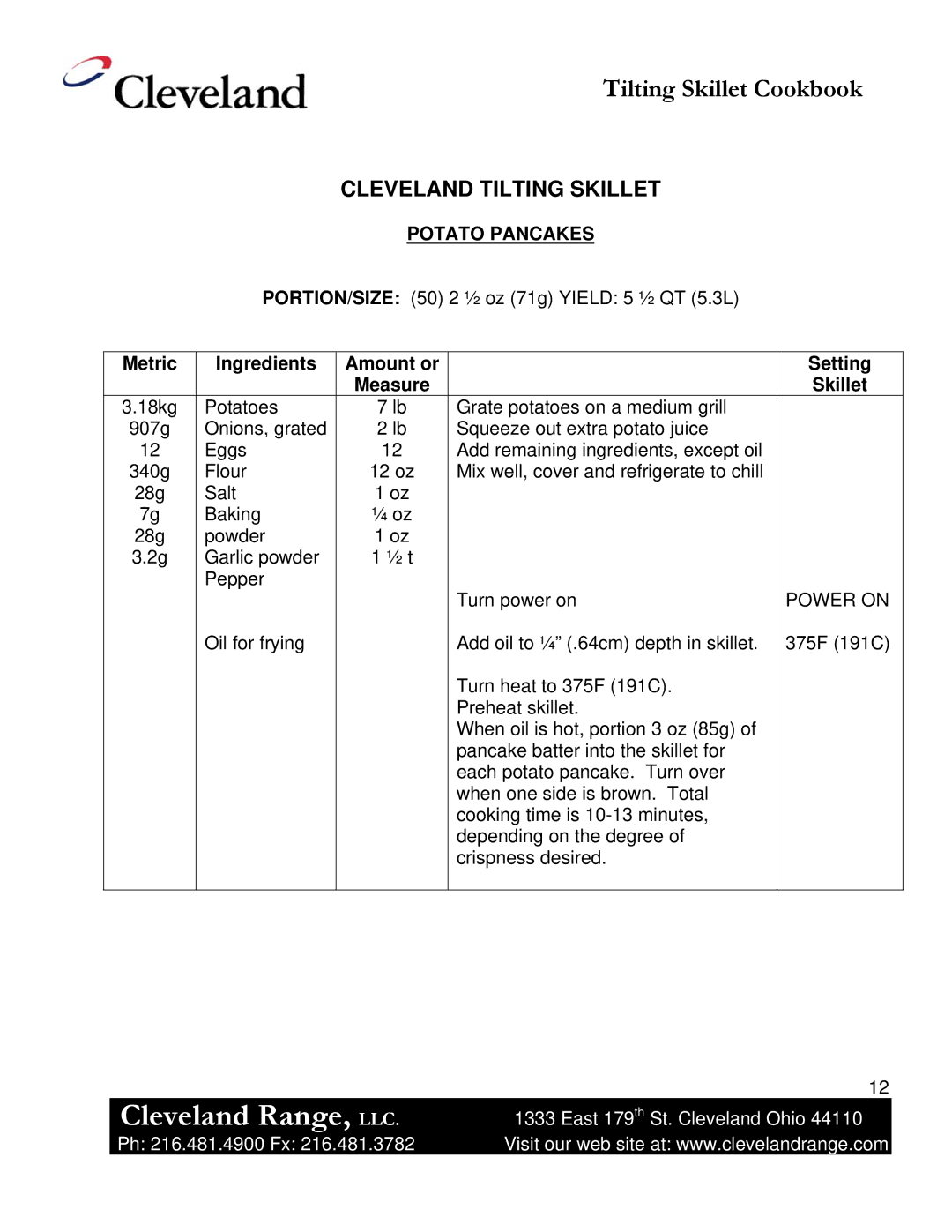 Cleveland Range Skillet/Braising manual Potato Pancakes, Power on 