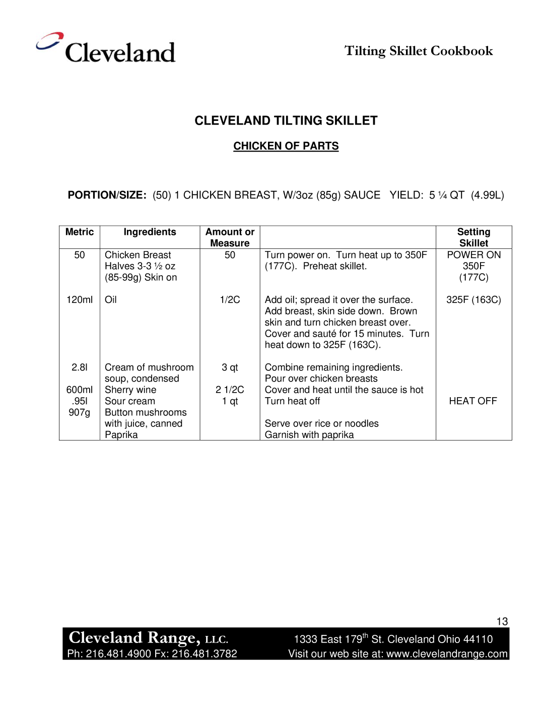 Cleveland Range Skillet/Braising manual Chicken of Parts 