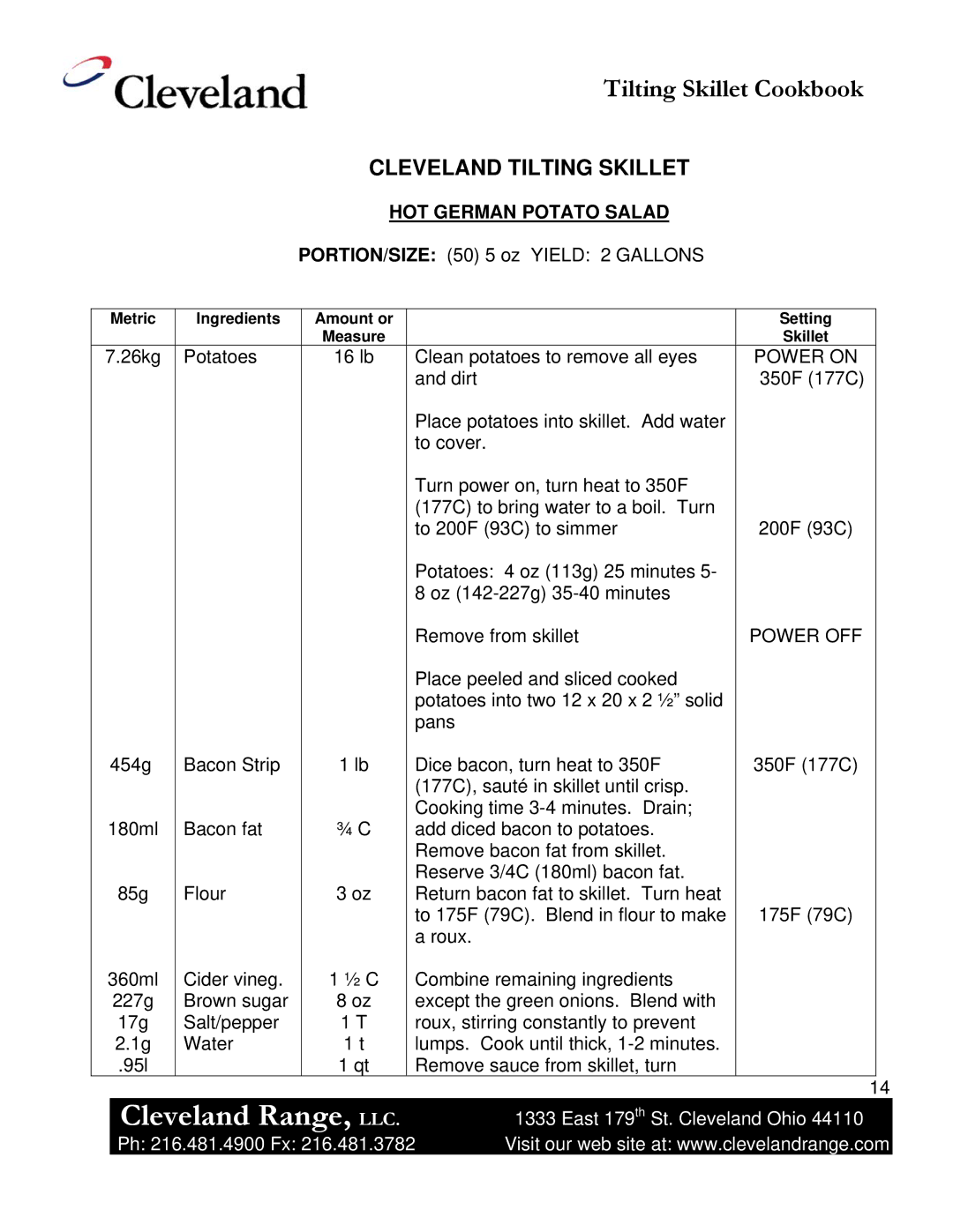 Cleveland Range Skillet/Braising manual HOT German Potato Salad, Metric Ingredients Amount or Setting Measure Skillet 
