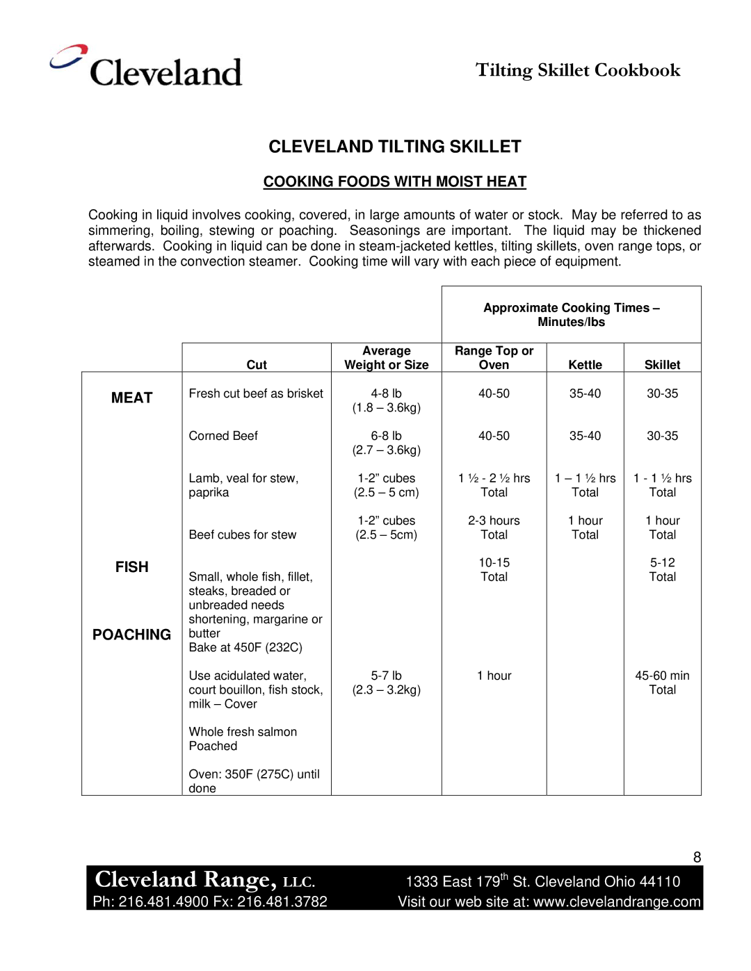 Cleveland Range Skillet/Braising manual Cooking Foods with Moist Heat, Meat, Fish, Poaching 