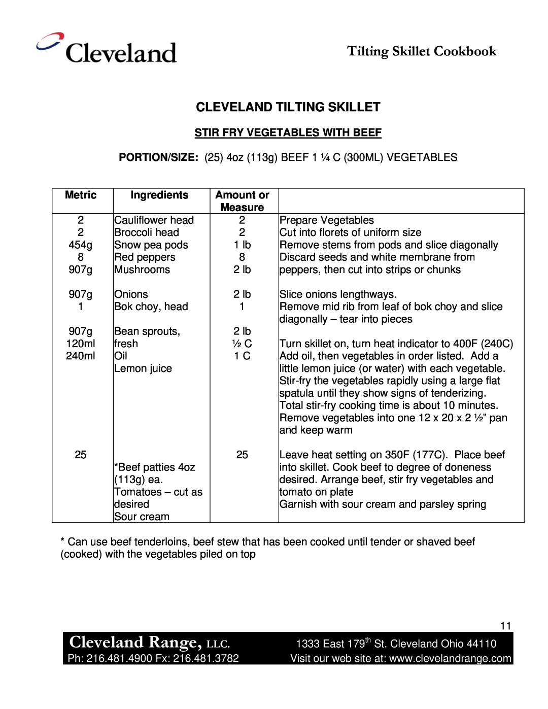 Cleveland Range Skillet/Braising manual Cleveland Range, LLC, Tilting Skillet Cookbook, Cleveland Tilting Skillet, Metric 
