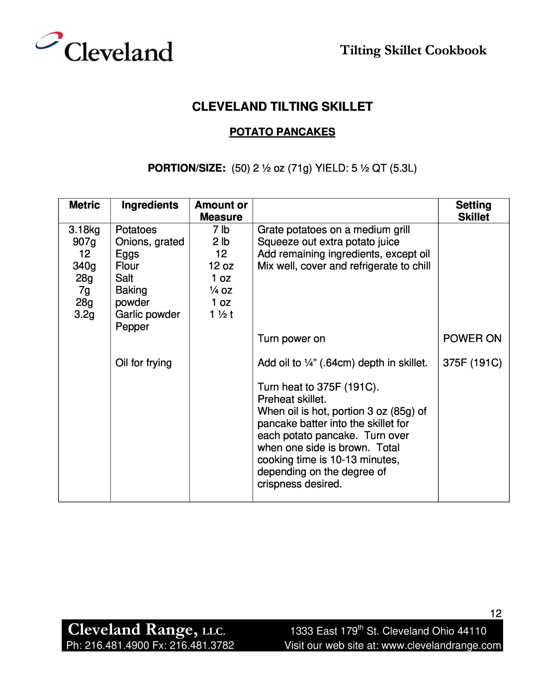 Cleveland Range Skillet/Braising manual Cleveland Range, LLC, Tilting Skillet Cookbook, Cleveland Tilting Skillet, Metric 