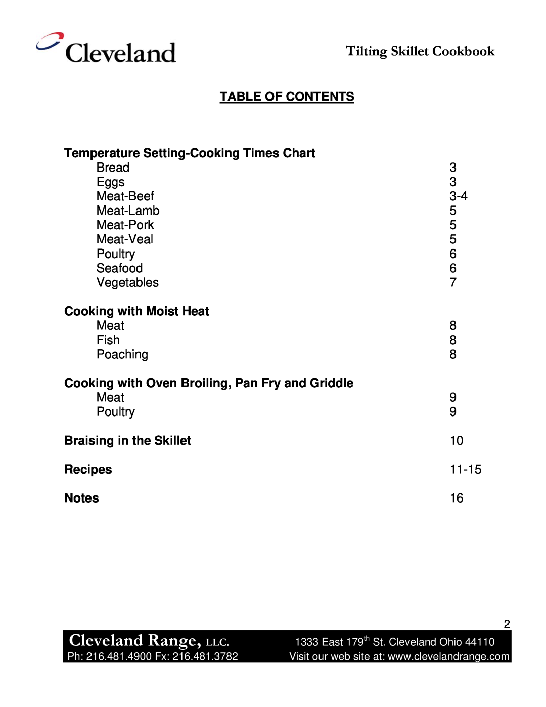 Cleveland Range Skillet/Braising manual Cleveland Range, LLC, Tilting Skillet Cookbook, Table Of Contents, Recipes 