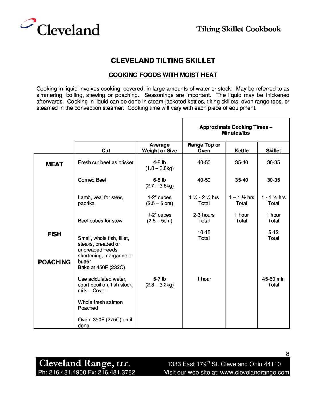 Cleveland Range Skillet/Braising Cleveland Range, LLC, Tilting Skillet Cookbook, Cleveland Tilting Skillet, Meat, Fish 