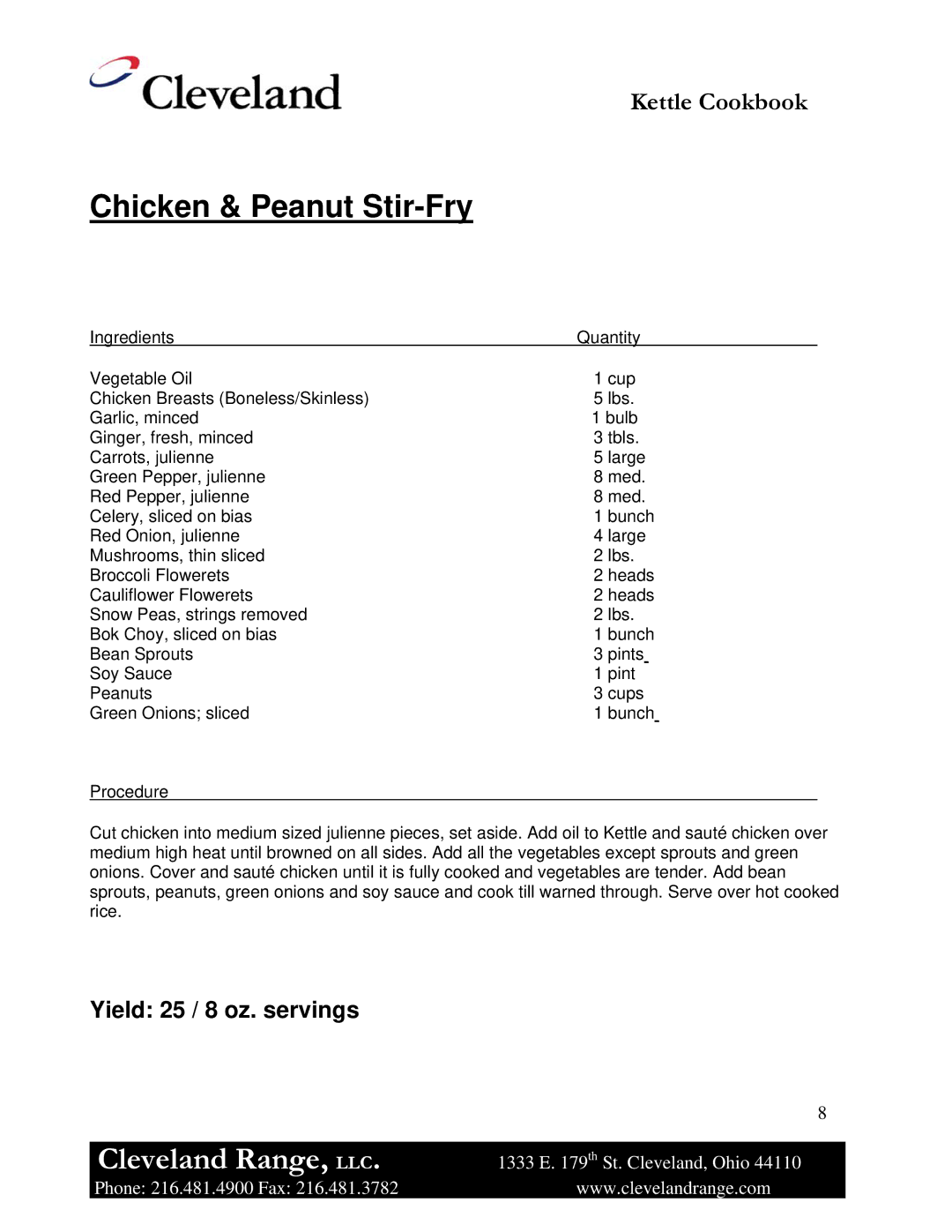 Cleveland Range Steam Jacketed Kettle manual Chicken & Peanut Stir-Fry 