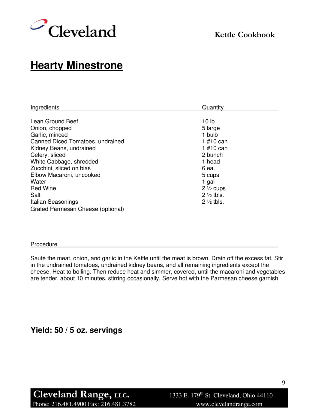 Cleveland Range Steam Jacketed Kettle manual Hearty Minestrone 