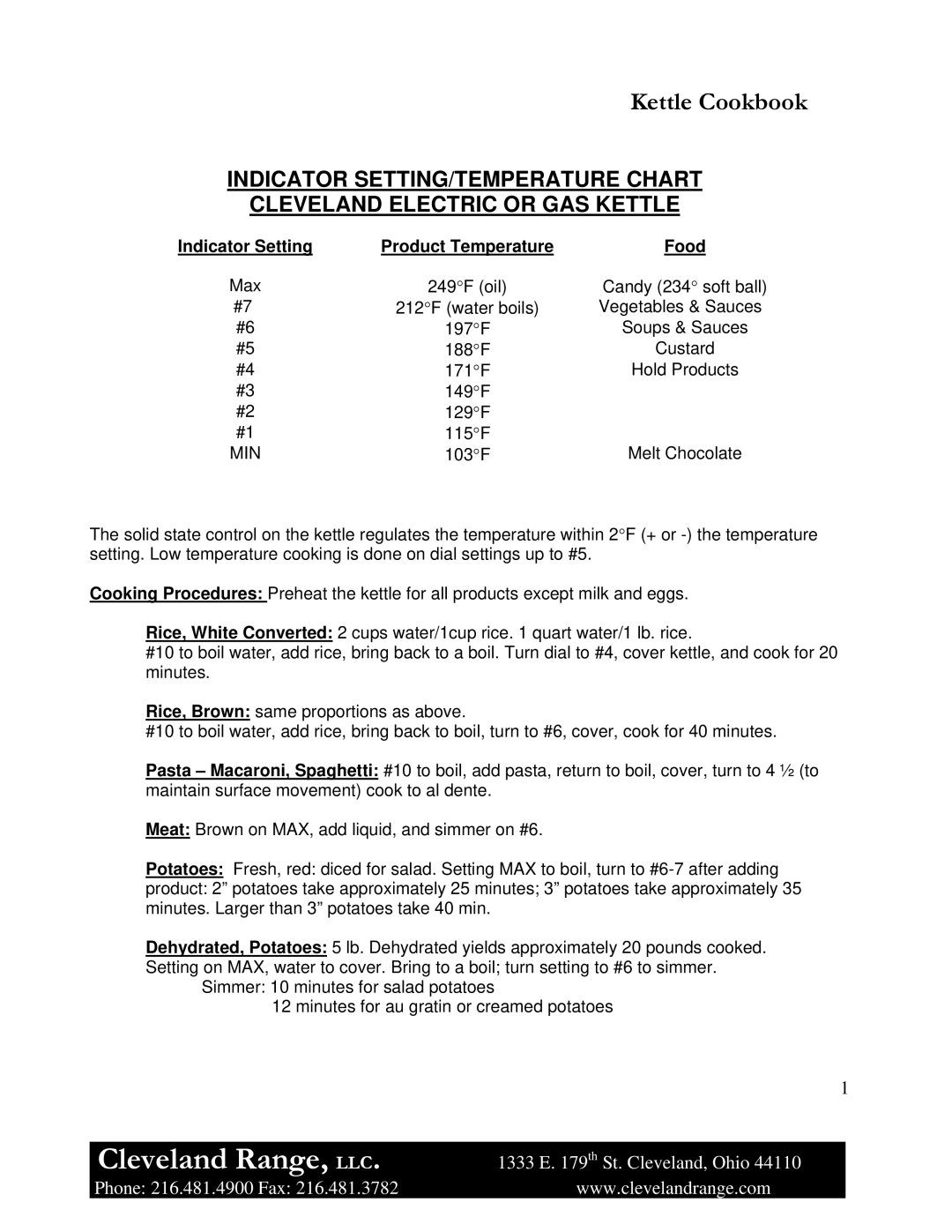 Cleveland Range Steam Jacketed Kettle manual Indicator Setting, Product Temperature, Food 