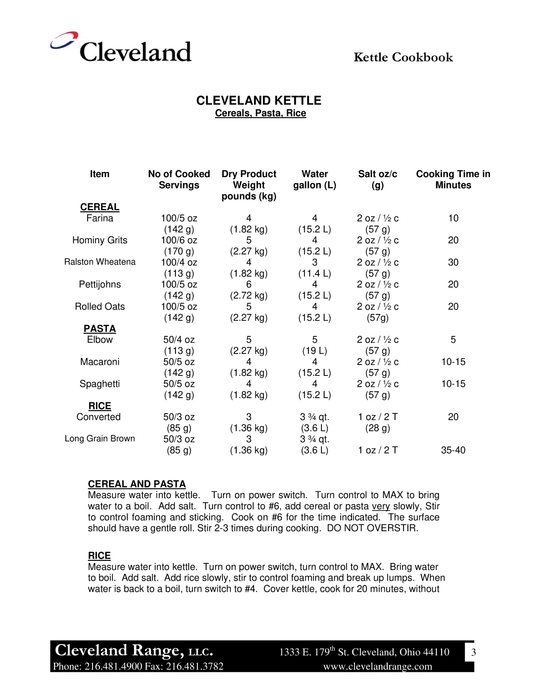 Cleveland Range Steam Jacketed Kettle manual Cereal and Pasta, Rice 