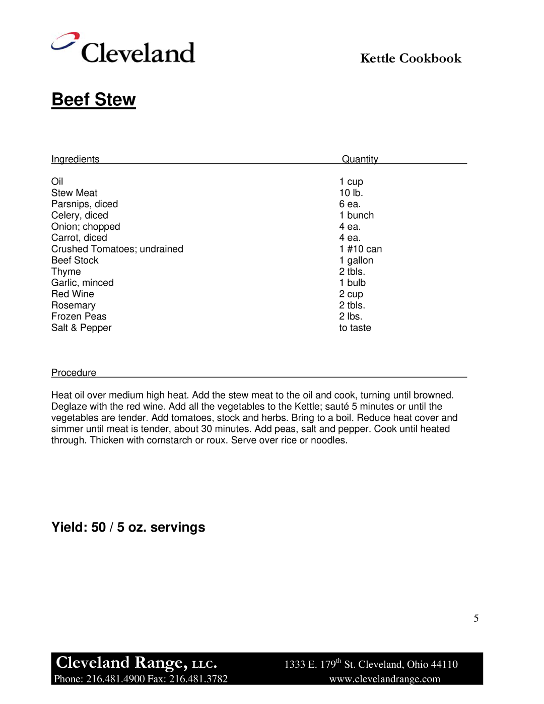 Cleveland Range Steam Jacketed Kettle manual Beef Stew 