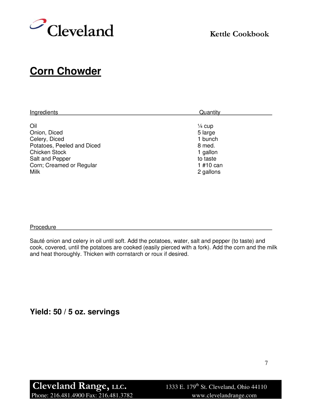 Cleveland Range Steam Jacketed Kettle manual Corn Chowder 