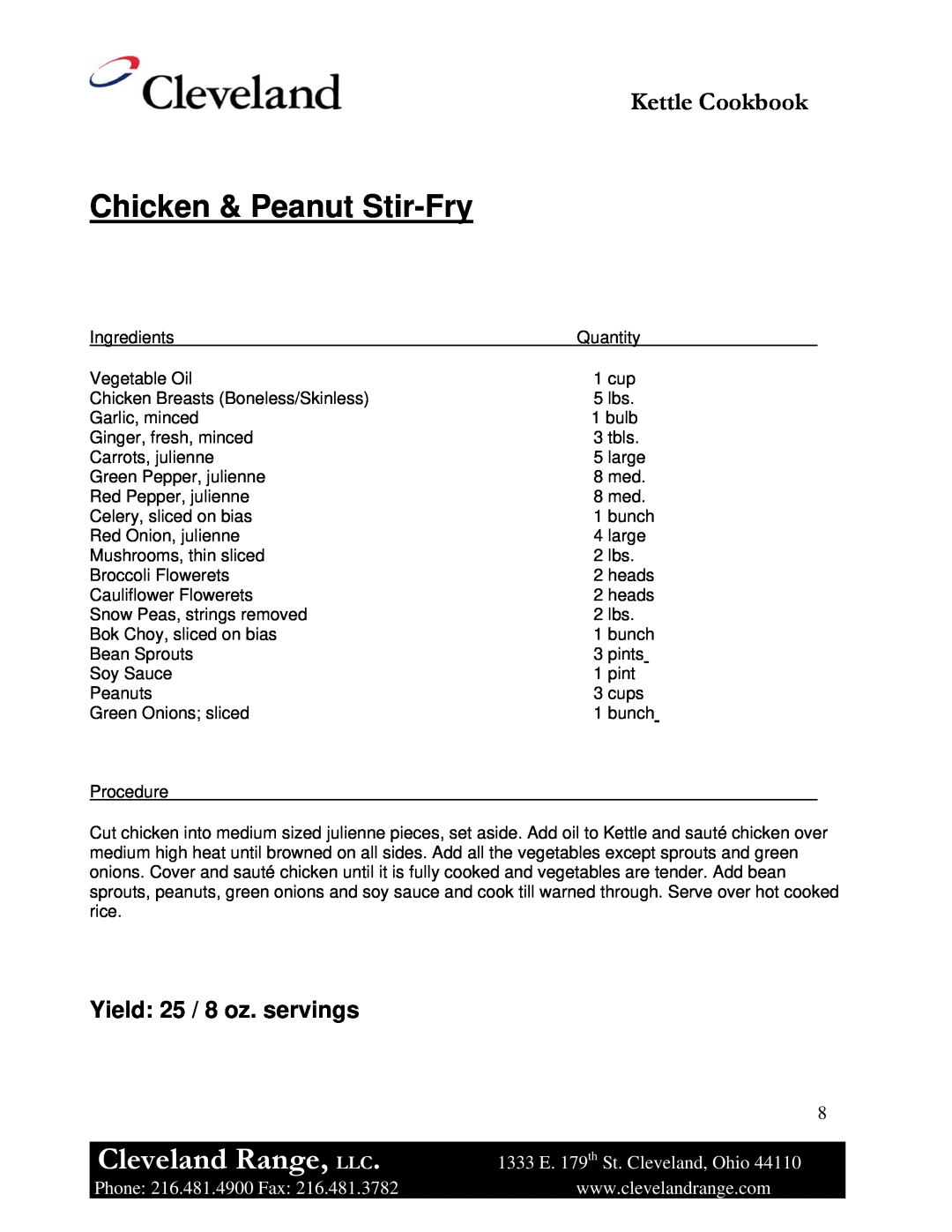 Cleveland Range Steam Jacketed Kettle manual Chicken & Peanut Stir-Fry, Yield 25 / 8 oz. servings, Cleveland Range, LLC 