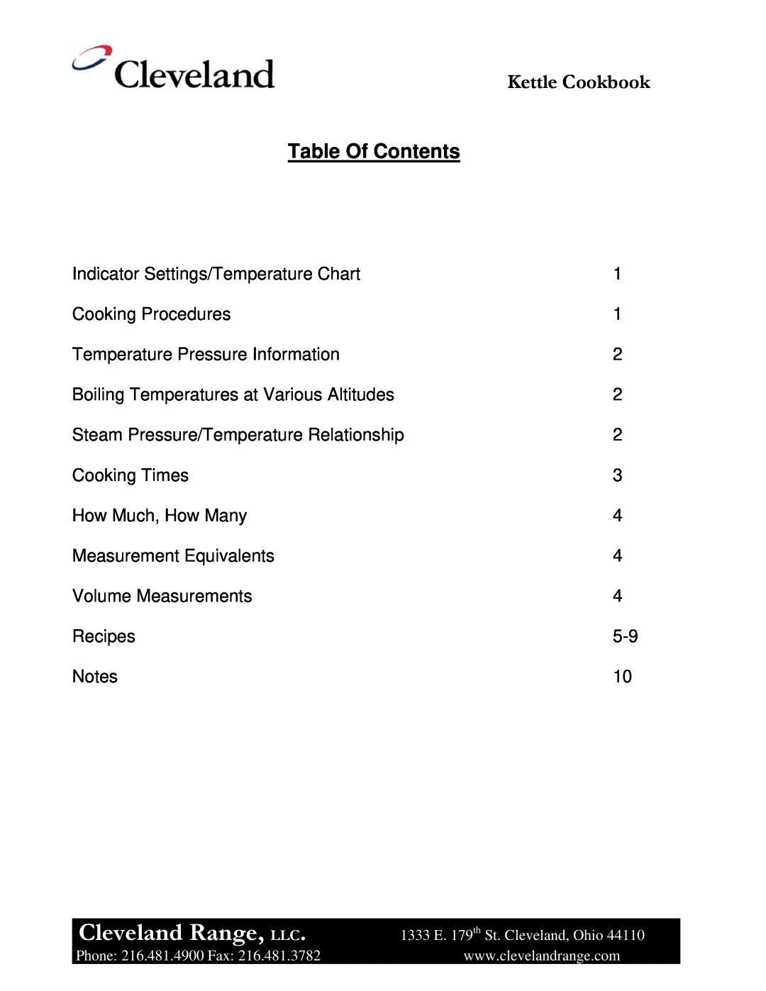 Cleveland Range Steam Jacketed Kettle manual Cleveland Range, LLC, Kettle Cookbook, Table Of Contents 