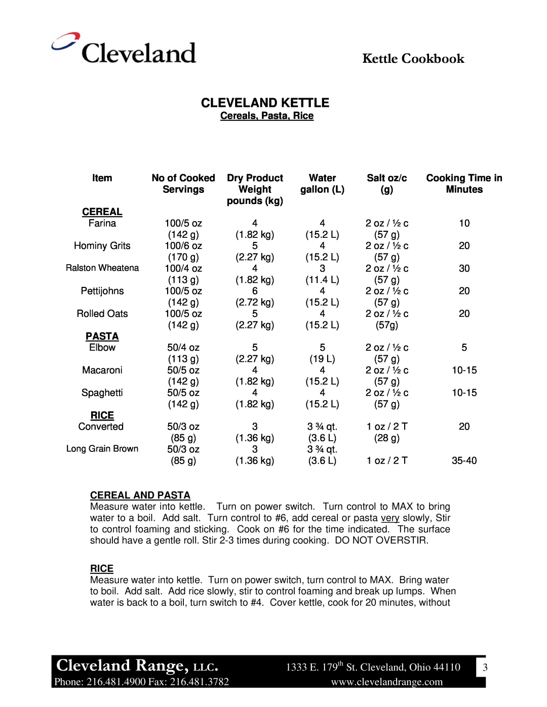 Cleveland Range Steam Jacketed Kettle Cleveland Kettle, Cleveland Range, LLC, Kettle Cookbook, Phone 216.481.4900 Fax 
