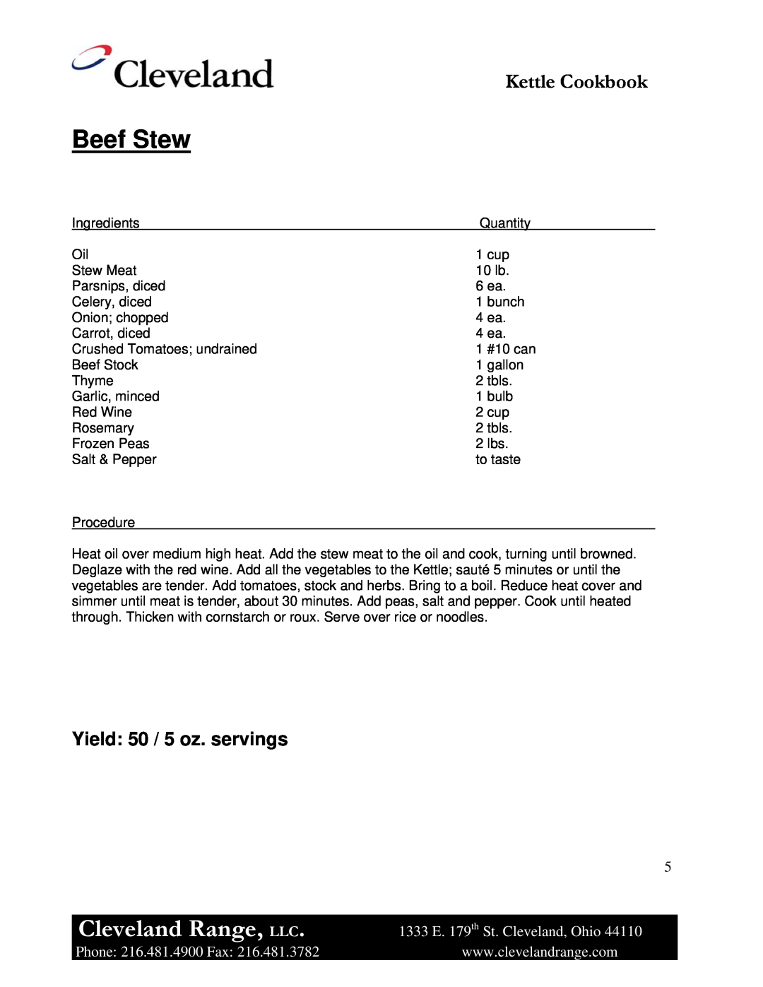 Cleveland Range Steam Jacketed Kettle manual Beef Stew, Yield 50 / 5 oz. servings, Cleveland Range, LLC, Kettle Cookbook 