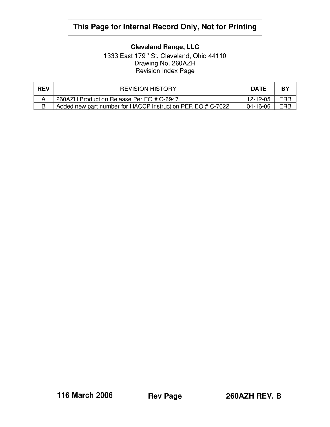 Cleveland Range Steam Oven installation manual This Page for Internal Record Only, Not for Printing, Cleveland Range, LLC 