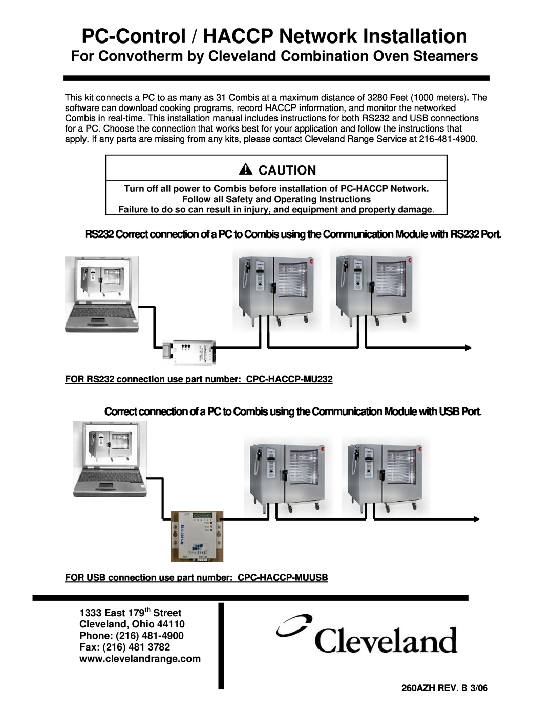 Cleveland Range Steam Oven installation manual Turn off all power to Combis before installation of PC-HACCP Network 
