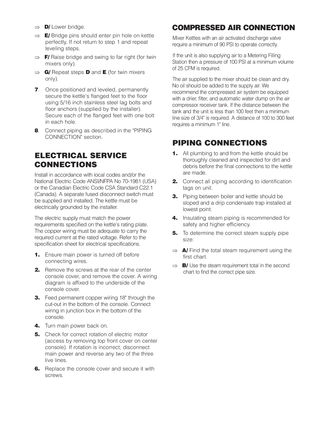 Cleveland Range (T) MKDL-80-T (-CC) manual Electrical Service Connections, Compressed AIR Connection, Piping Connections 