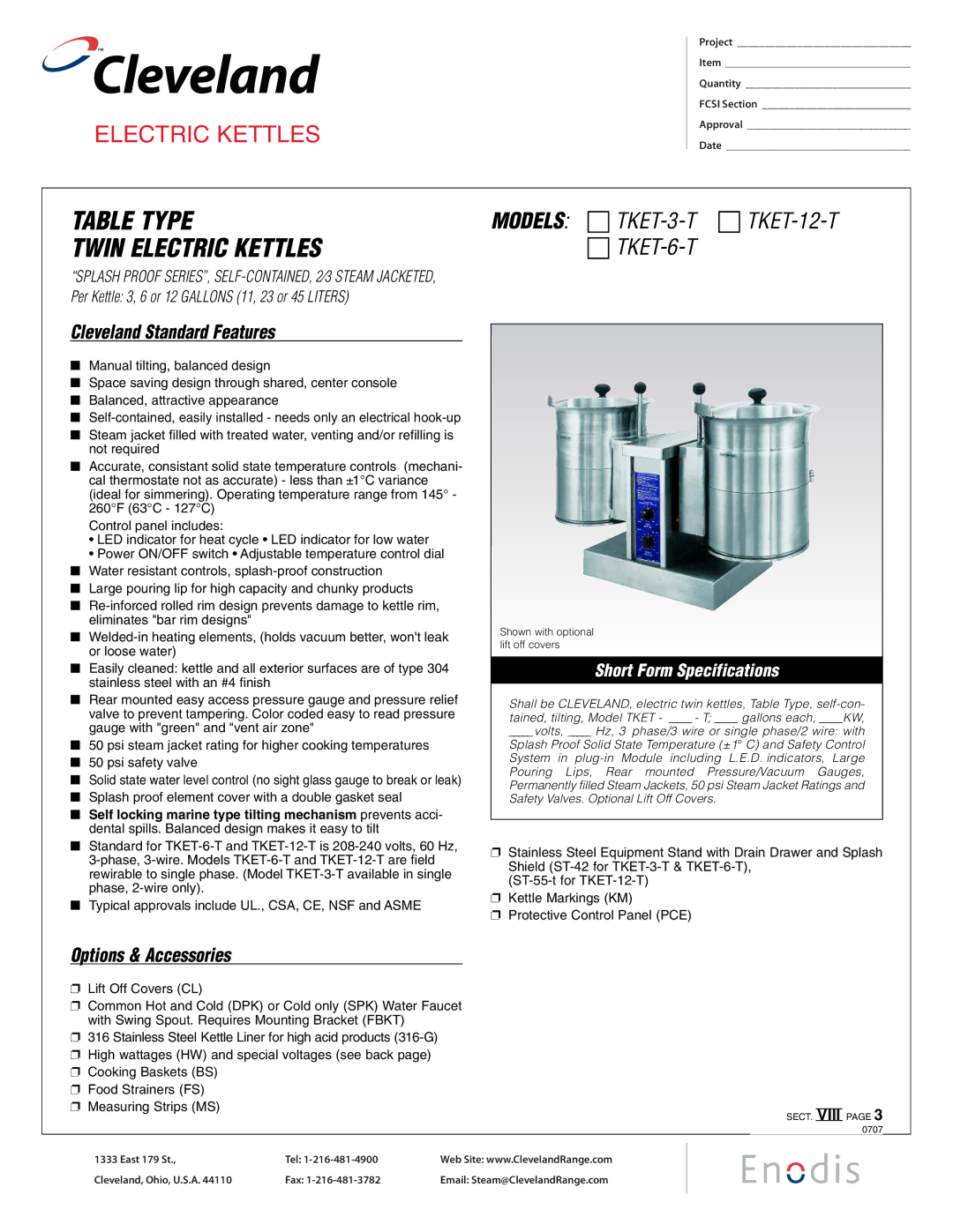 Cleveland Range TKET-12-T, TKET-6-T, TKET-3-T specifications Cleveland Standard Features, Options & Accessories 