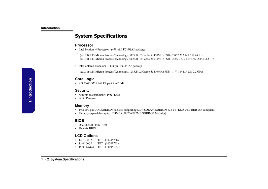 Clevo D410E manual Processor, Core Logic, Security, Memory, LCD Options 