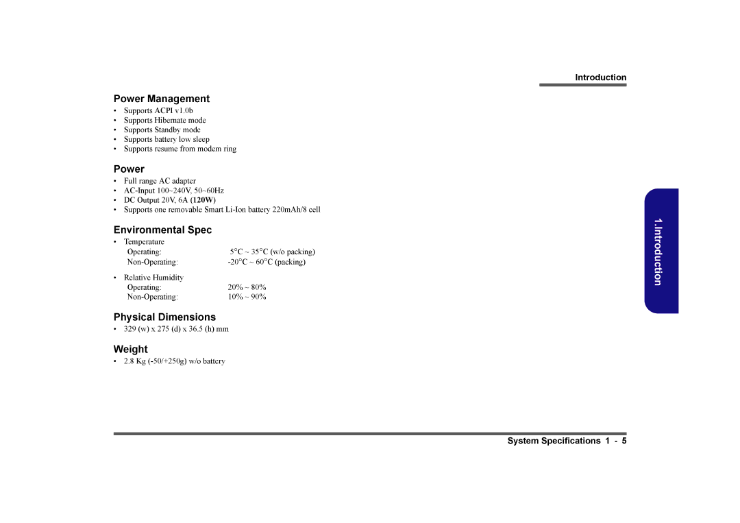 Clevo D410E manual Power Management, Environmental Spec, Physical Dimensions, Weight 