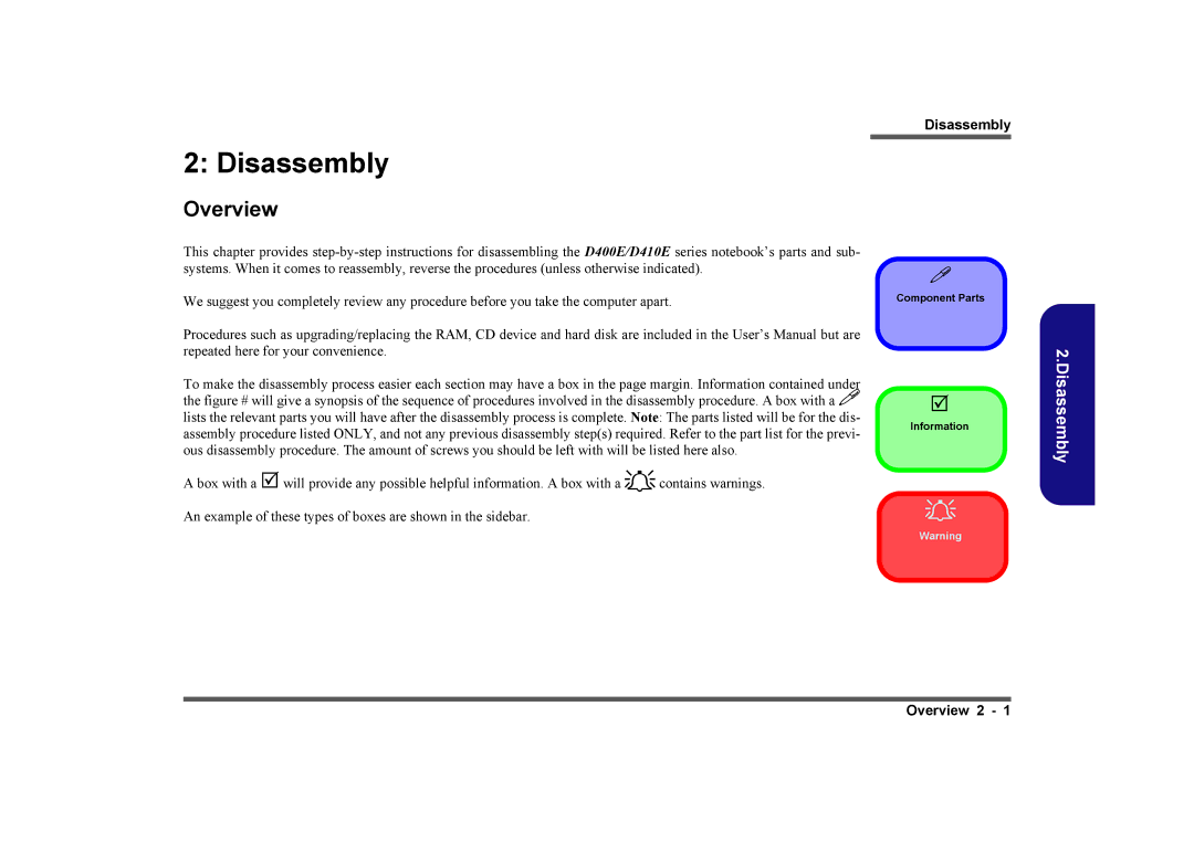 Clevo D410E manual Disassembly, Overview 