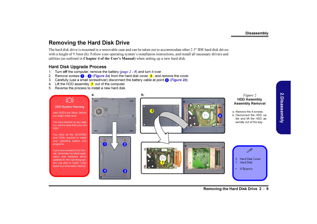 Clevo D410E manual Removing the Hard Disk Drive, Hard Disk Upgrade Process, HDD Assembly Assembly Removal 