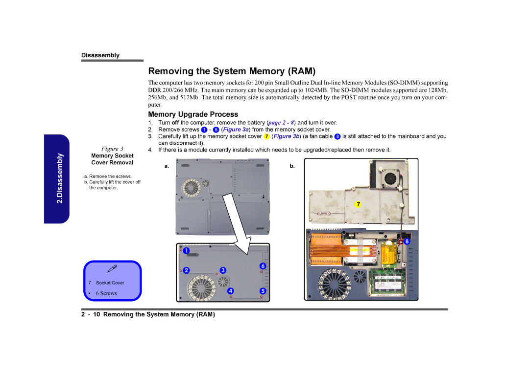 Clevo D410E manual Removing the System Memory RAM, Memory Upgrade Process, Memory Socket Cover Removal 