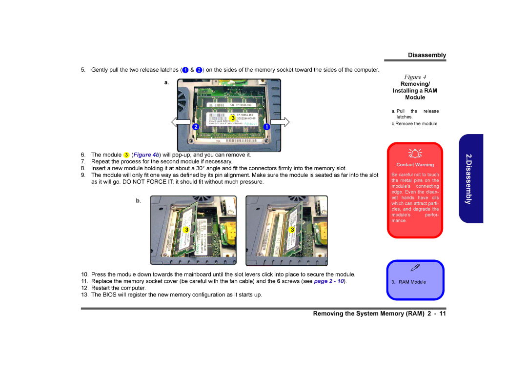 Clevo D410E manual Removing Installing a RAM Module, Contact Warning 