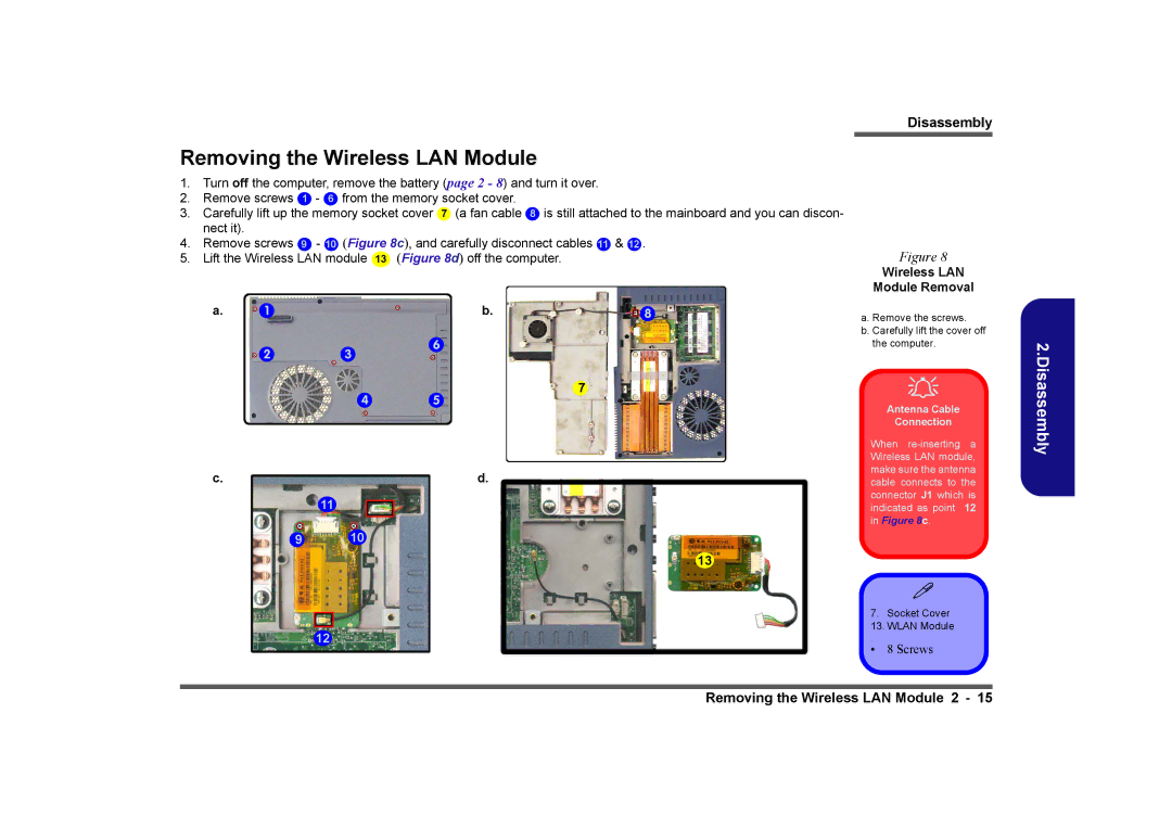 Clevo D410E manual Removing the Wireless LAN Module, Wireless LAN Module Removal 