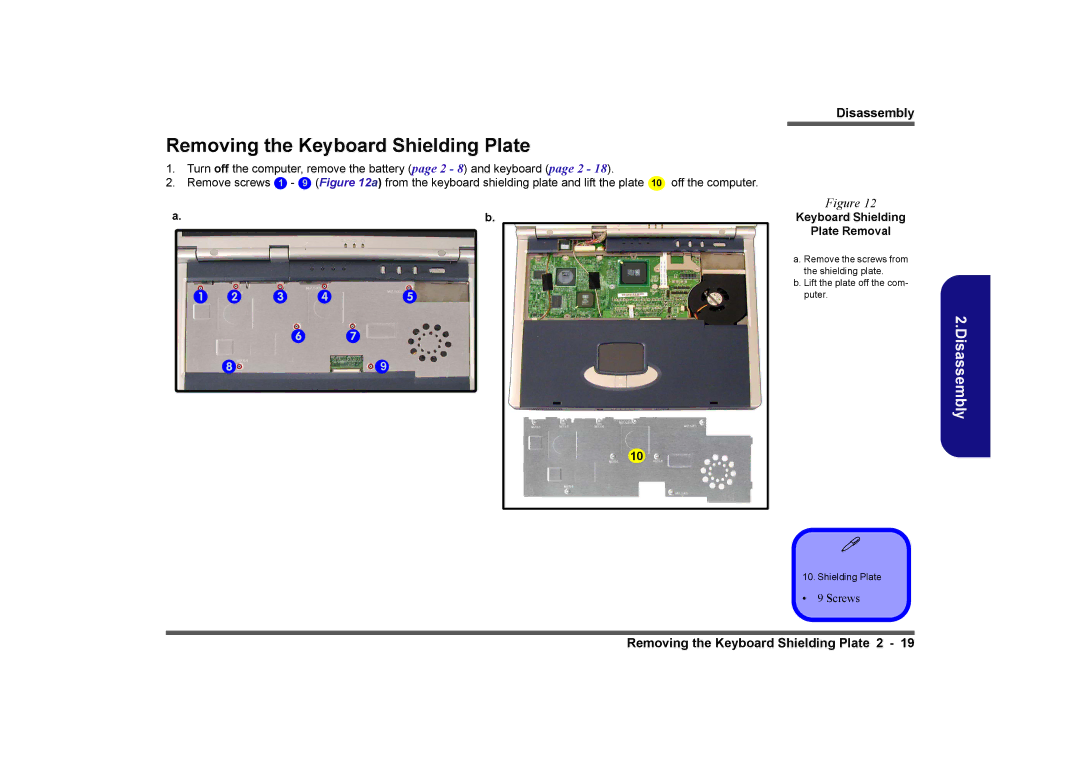 Clevo D410E manual Removing the Keyboard Shielding Plate, Keyboard Shielding Plate Removal 