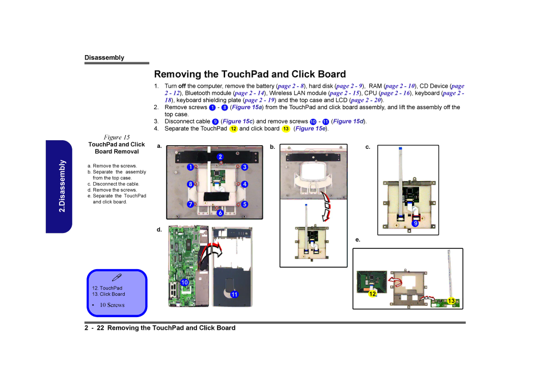 Clevo D410E manual Removing the TouchPad and Click Board, TouchPad and Click Board Removal 