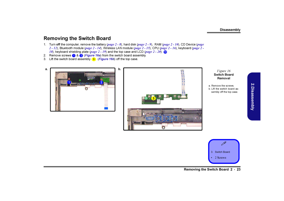 Clevo D410E manual Removing the Switch Board, Switch Board Removal 