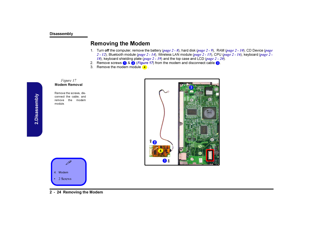 Clevo D410E manual Removing the Modem, Modem Removal 