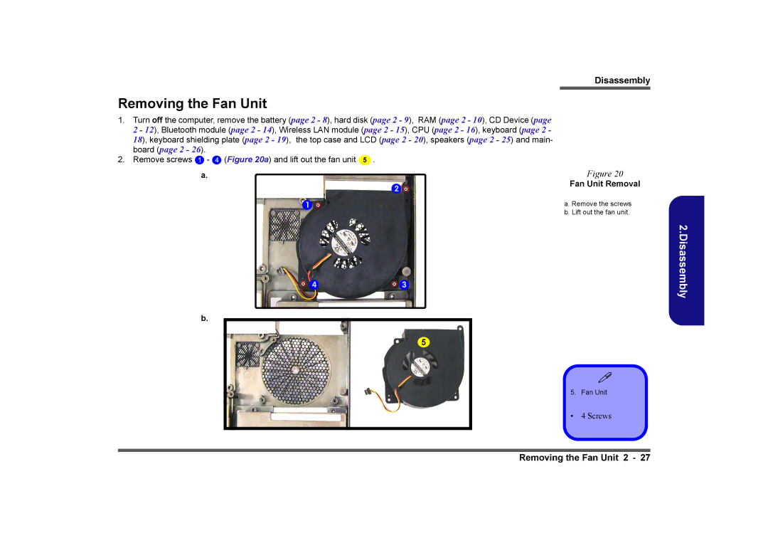 Clevo D410E manual Removing the Fan Unit, Fan Unit Removal 