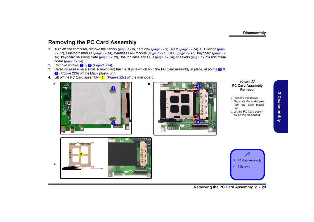 Clevo D410E manual Removing the PC Card Assembly, PC Card Assembly Removal 