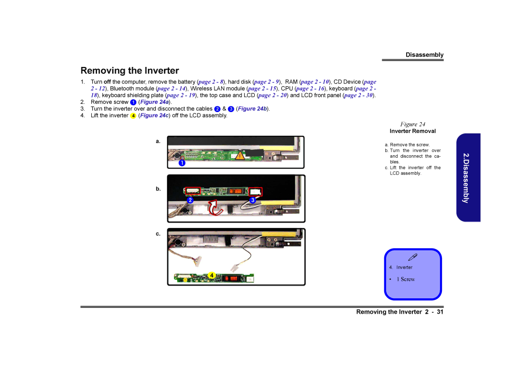 Clevo D410E manual Removing the Inverter, Inverter Removal 